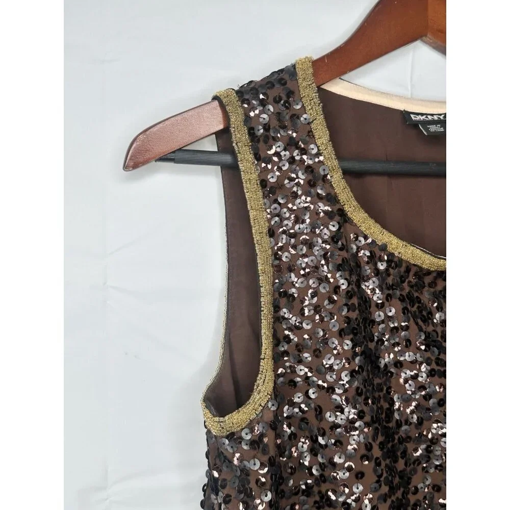 DKNY Womens Brown Sequined Knee-Length Cocktail and Party Dress Size Small Pull